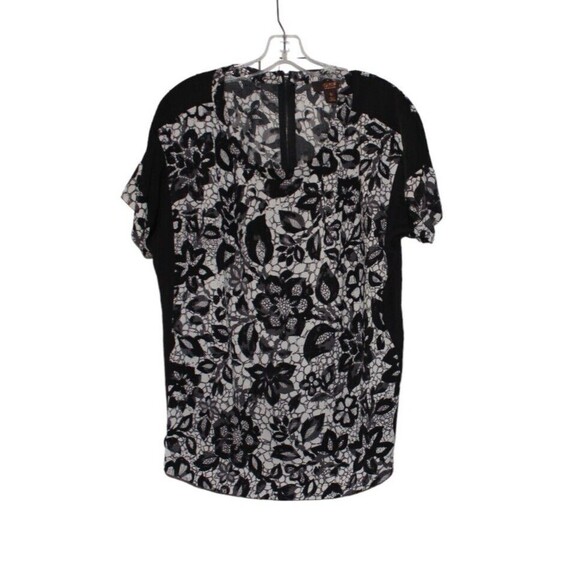 Victor Alfaro Blouse Tunic Pullover Short Sleeves Floral Black & White Size M - Picture 1 of 6